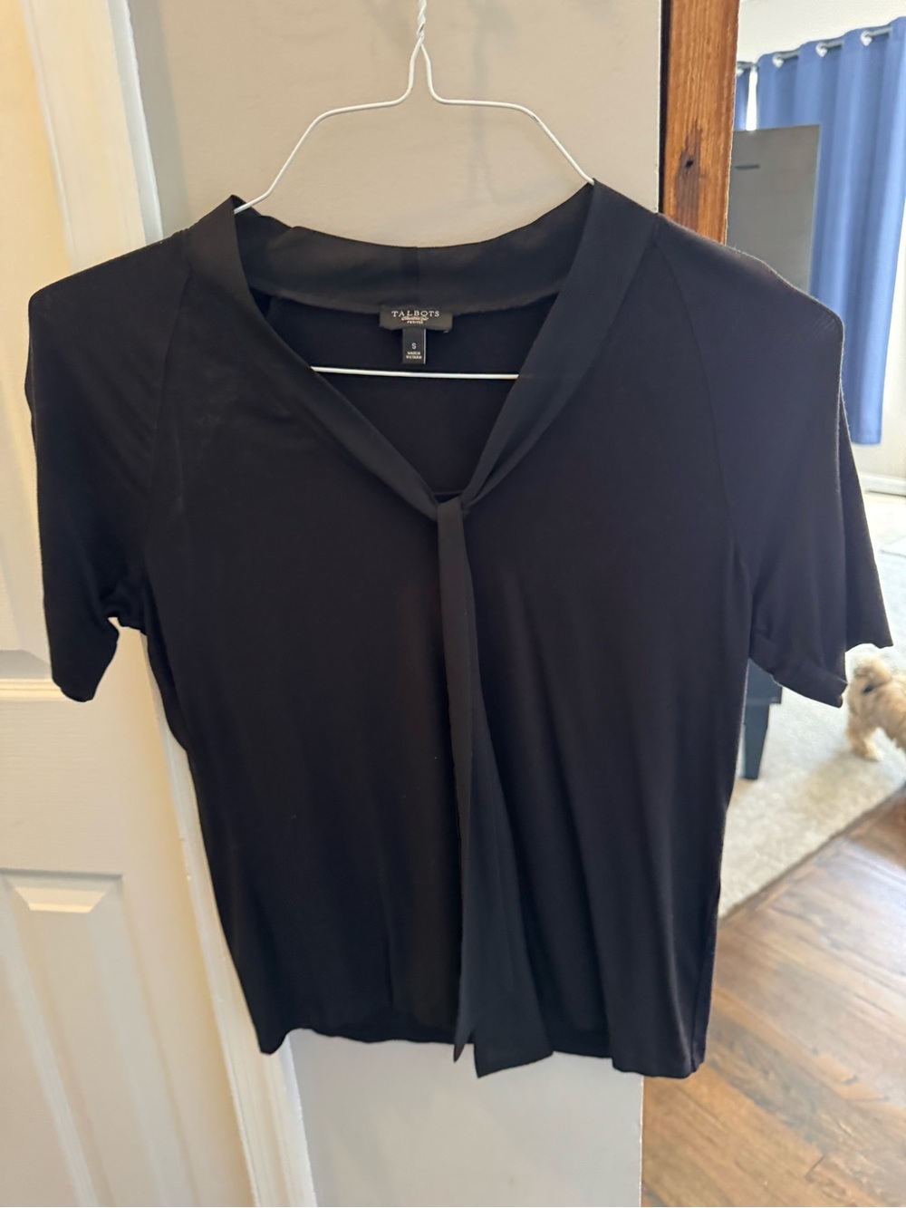 Talbots Black Short Sleeve Tie-Neck Blouse